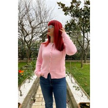 Taş Düğme Detaylı Pembe Hırka