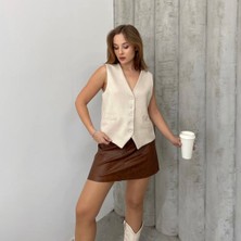 Pamila Butik Kadın Süet V Yaka Düğmeli Yelek