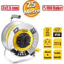 Stanley Metal Makaralı Seyyar %100 Bakır Kablo 4 Prizli Kapaklı Uzatma Kablosu 3x2.5 mm H05VV-F 25 Metre