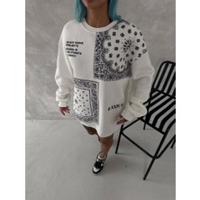 Adisia Desenli Üç Iplik Bisiklet Yaka Oversize Sweatshirt - Beyaz