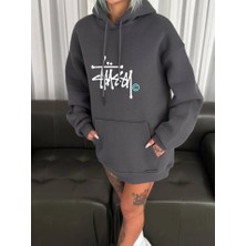 Adisia Üç Iplik Kapşonlu Baskılı Sweatshirt - Füme