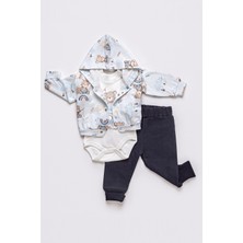 Ayı Figürlü Bisiklet Yaka Yelekli Zıbın Kapşonlu Uzun Kol Pamuklu Erkek Bebek 3'lü Takım Alt Üst