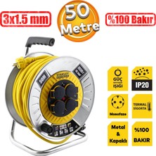 Stanley Metal Makaralı 50 Metre Seyyar %100 Bakır Kablo 4 Prizli Kapaklı Uzatma Kablosu 3x1.5 mm H05VV-F