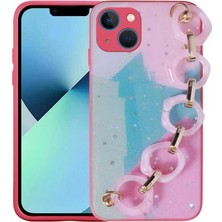 Nova Global Apple iPhone 13 Kılıf Simli Desenli El Askılı Tutacaklı Elsa Silikon Kapak - Pembe Koyu