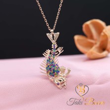 Renkli Taşlı Pirana Iskeleti Balık Gümüş Kolye