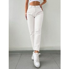 Kadın Mom Fit Jeans Kot Pantolon Beyaz