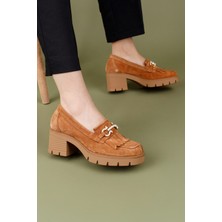 Perves Kadın Hakiki Süet Deri Taba Topuklu Loafer Ayakkabı