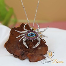 Renkli Taşlı Nazar Boncuklu Yengeç Gümüş Kolye