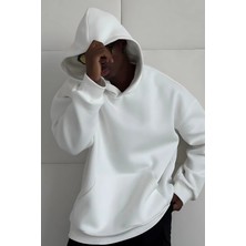 Guaraz Beyaz Unısex Yumuşacık Kumaşlı Oversize Fit Ici Polarlı Basic Kapüşonlu Sweatshirt Hoodie