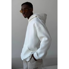 Guaraz Beyaz Unısex Yumuşacık Kumaşlı Oversize Fit Ici Polarlı Basic Kapüşonlu Sweatshirt Hoodie