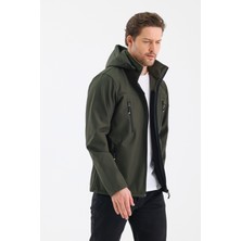 Alinda Çıkartılabilen Fermuarlı Kapüşon Içi Polarlı Su Geçirmez Softshell Erkek Mont Haki