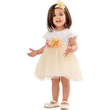 Kız Bebek Beyaz Bej Tüllü Çiçekli Bandanalı Elbise - 1014207