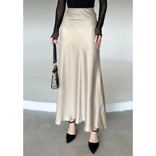 Kadın Şık Floş Viskon Saten Kemeri Lastikli Maxi Boy A Line Etek