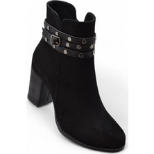 Ispartalılar 650 Günlük Fermuarlı Kadın Topuklu Bot Ayakkabı Nubuk Siyah Klasik Topuk Bot