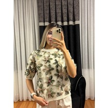 Pamuk Çiçekli Kısa Kollu Krem Kazak