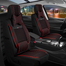 AG Store Nissan Navara Yeni Uyumlu Yarı Deri Oto Koltuk Kılıfı Ön/Arka Set Prime Model Siyah-Kırmızı