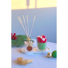 Bulud Design Çubuklu Oda Kokusu Pudra 3 Lü Set Bardakta Kalpli Kokulu Soya Mumu Dekoratif Altın Simli Taş Tepsi