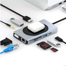 Type-C To Kablosuz Şarj Hdmı VGA RJ45 Sd Tf Card USB 3.0 Aux 9 In 1 Port Görüntü Aktarıcı Adaptör