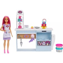 Barbie Pasta Dükkanı Oyun Seti ve Pembe Saçlı 30 cm Minyon Bebek, Fırın Standı, Pasta Yapma Özelliği