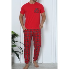 Erkek Pijama Takımı Kısa Kollu Cepli Pamuk Likralı Ekose Yılbaşı Kırmızı