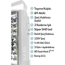 Suled   Kamp Lambası 6V Akülü 80 Saat - 3 gün Aydınlatma 24 Smd LED Işıldak Lamba 220V Şarj