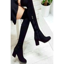 Trendy Anka Kadın Siyah Çorap Çizme 5.5 cm Topuklu Diz Üstü Süet Fermuarlı Streç Çizme