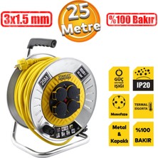 Stanley Metal Makaralı Seyyar %100 Bakır 3x1.5 mm H05VV-F Kablo 4 Prizli Kapaklı Uzatma Kablosu 25 Metre