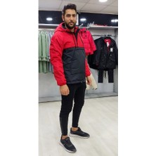 Erkek Kırmızı Siyah Slim Fit Garnili Su Geçirmez Yağmurluk Mont