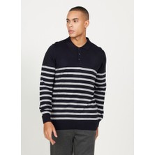 ALTINYILDIZ CLASSICS Erkek Lacivert-Gri Standart Fit Normal Kesim Polo Yaka Çizgili Triko Kazak