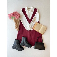 Küçüğüm Butik Kısa Bordo Kaşe Kışlık V Yaka Jile Elbise
