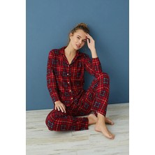 Alpotekno Kışlık Boy Düğmeli Ekoseli Süet Kumaş Kadın Pijama Takımı