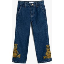Kız Çocuk Işlemeli Kot Pantolon - Straight Jean - Koton - 5WKG40093AD - Orta Indigo - 9-10 Yaş