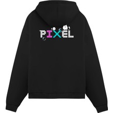 Unisex Siyah Pixel Baskılı Oversize Fit Pamuklu Kapüşonlu Sweatshirt