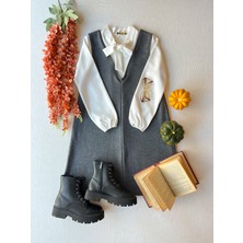 Küçüğüm Butik Kısa Antrasit Kaşe Kışlık V Yaka Jile Elbise