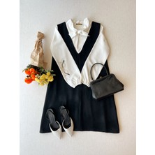 Küçüğüm Butik Kısa Siyah Kaşe Kışlık V Yaka Jile Elbise