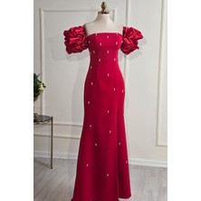 Yonca Moda Evi Store Kırmızı Incili Seyyar Kol Krep Elbise 1545
