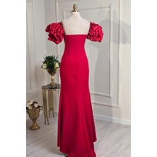 Yonca Moda Evi Store Kırmızı Incili Seyyar Kol Krep Elbise 1545