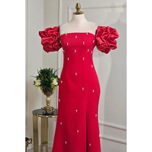 Yonca Moda Evi Store Kırmızı Incili Seyyar Kol Krep Elbise 1545