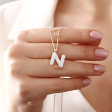 Osmanlı Gümüş Kadın Gümüş Kolye - N Harfi Zirkon Taşlı Balon Harf Kadın Kolye