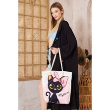 Zuuf Home Tatlı Kedi Desenli Dijital Baskılı Fermuarlı Kumaş Plaj Çantası