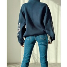 Lacivert Baskılı Tasarım Oversize Sweatshirt