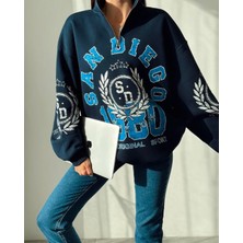 Lacivert Baskılı Tasarım Oversize Sweatshirt