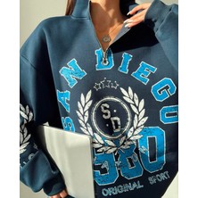 Lacivert Baskılı Tasarım Oversize Sweatshirt