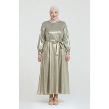 Sefa Merve Büyük Beden Varak Baskılı Kuşaklı Elbise 80137-01 Gold