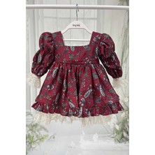 Bertuğ Bebek Şal Desenli Dantelli Kadife Kız Çocuk Bebek Abiye Tasarım Fitilli Elbise