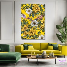 Tekli Dikey Kanvas Salon Tablosu Yeşil Yapraklı Beyaz Sarı Papatyalar