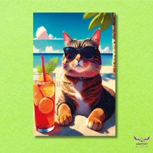 Tekli Dikey Kanvas Denizde Güneşlenip Kokteyl Içen Kedi Tasarımı