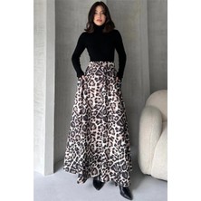 Fav Style Kadın Yüksek Bel Çift Cepli Leopar Desenli Uzun Çan Etek