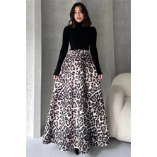 Fav Style Kadın Yüksek Bel Çift Cepli Leopar Desenli Uzun Çan Etek