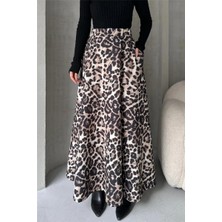 Fav Style Kadın Yüksek Bel Çift Cepli Leopar Desenli Uzun Çan Etek